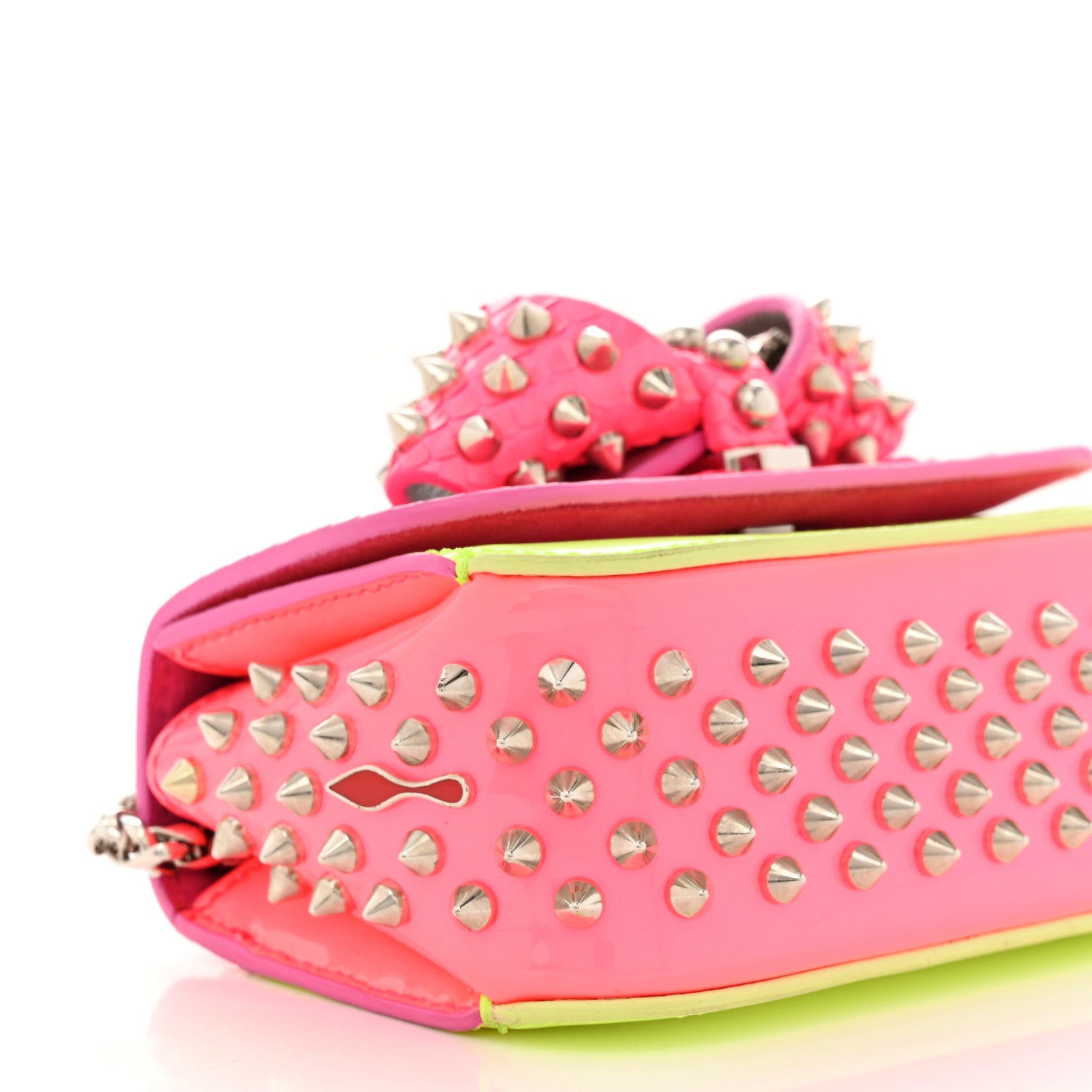 Christian Louboutin Patent Snakeskin Spiked Sweety Charity Crossbody Bag Neon Pink Yellow 8 of 9