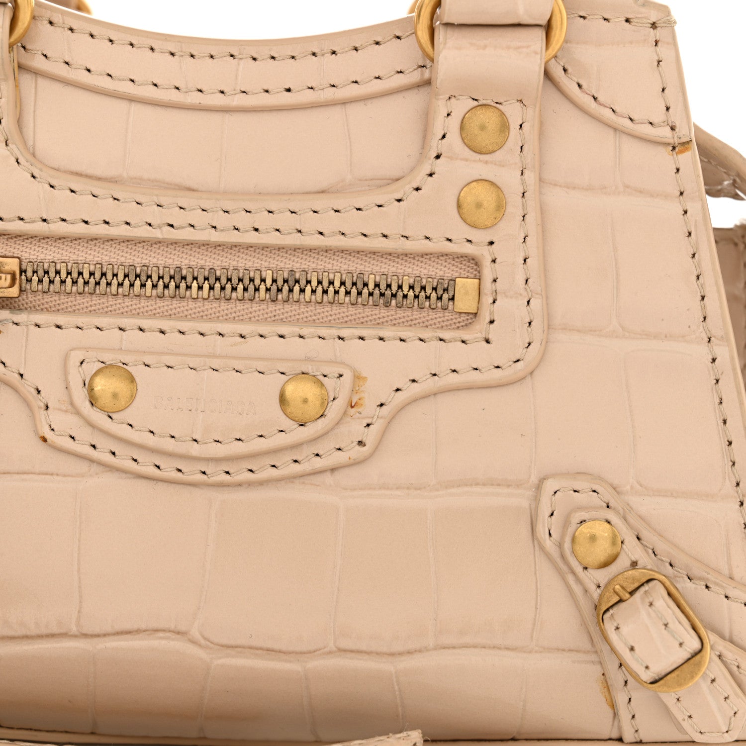 Balenciaga Shiny Supple Calfskin Crocodile Embossed Neo Classic Gold Hardware Nano City Crossbody Light Beige 12 of 13