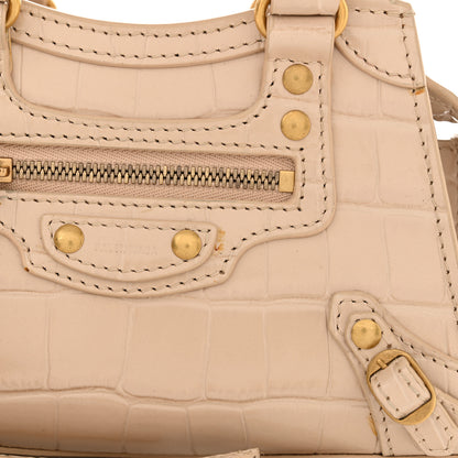 Balenciaga Shiny Supple Calfskin Crocodile Embossed Neo Classic Gold Hardware Nano City Crossbody Light Beige 12 of 13