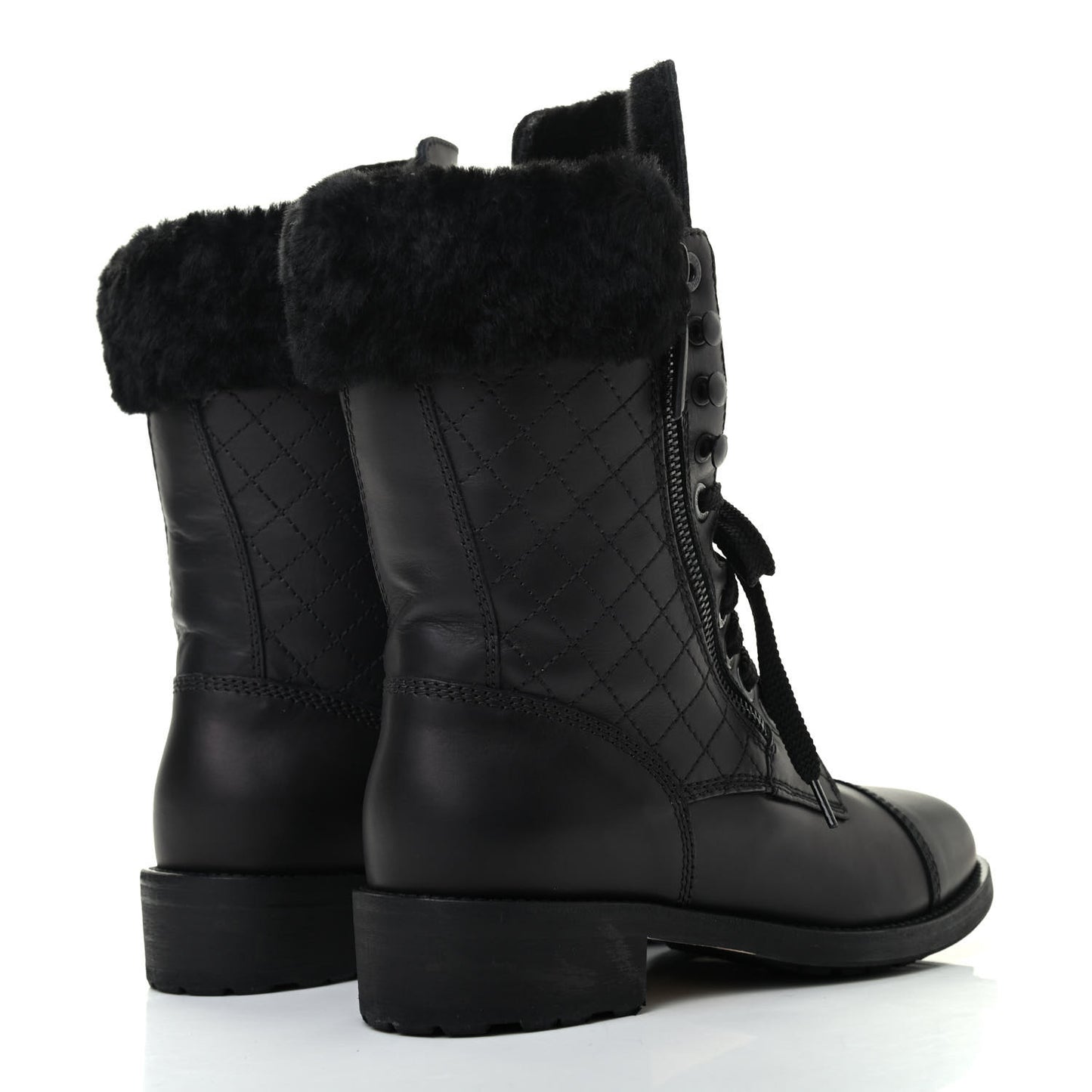 Calfskin Shearling Quilted Cap Toe Combat Boots 37 Black