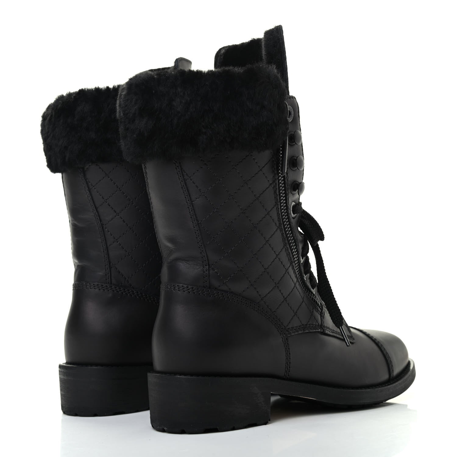 Chanel Calfskin Shearling Quilted Cap Toe Combat Boots 37 Black 4 of 9