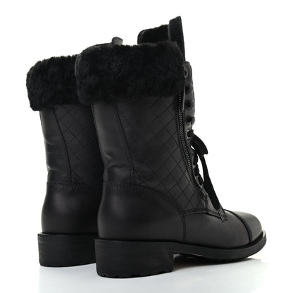 Chanel Calfskin Shearling Quilted Cap Toe Combat Boots 37 Black 4 of 9