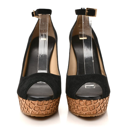 Jimmy Choo Suede Pacific 120mm Peep-Toe Cork Wedge Sandal 39.5 Black 2 of 7