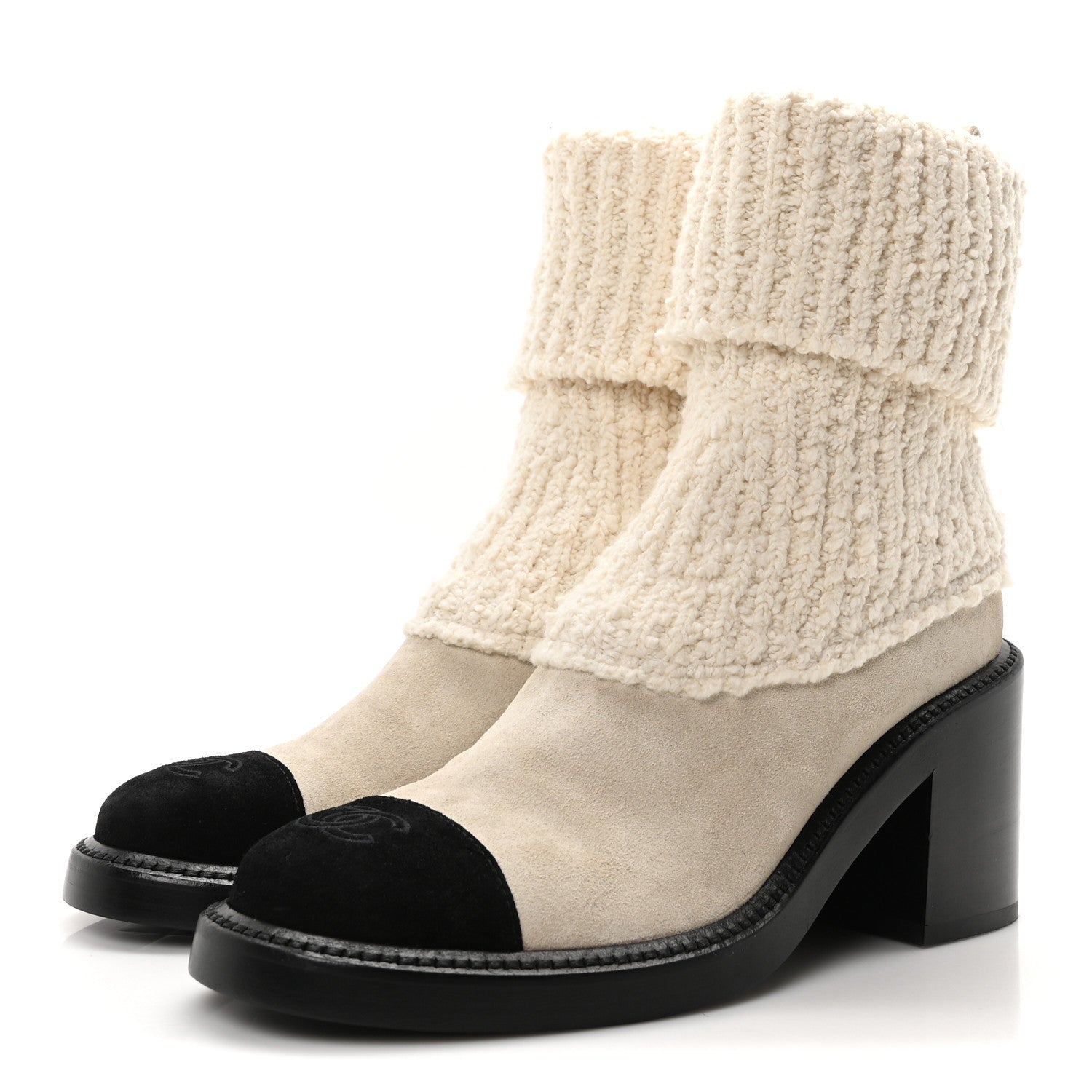 Chanel Suede Knit Boots 38.5 Ivory Light Gray Black 3 of 8