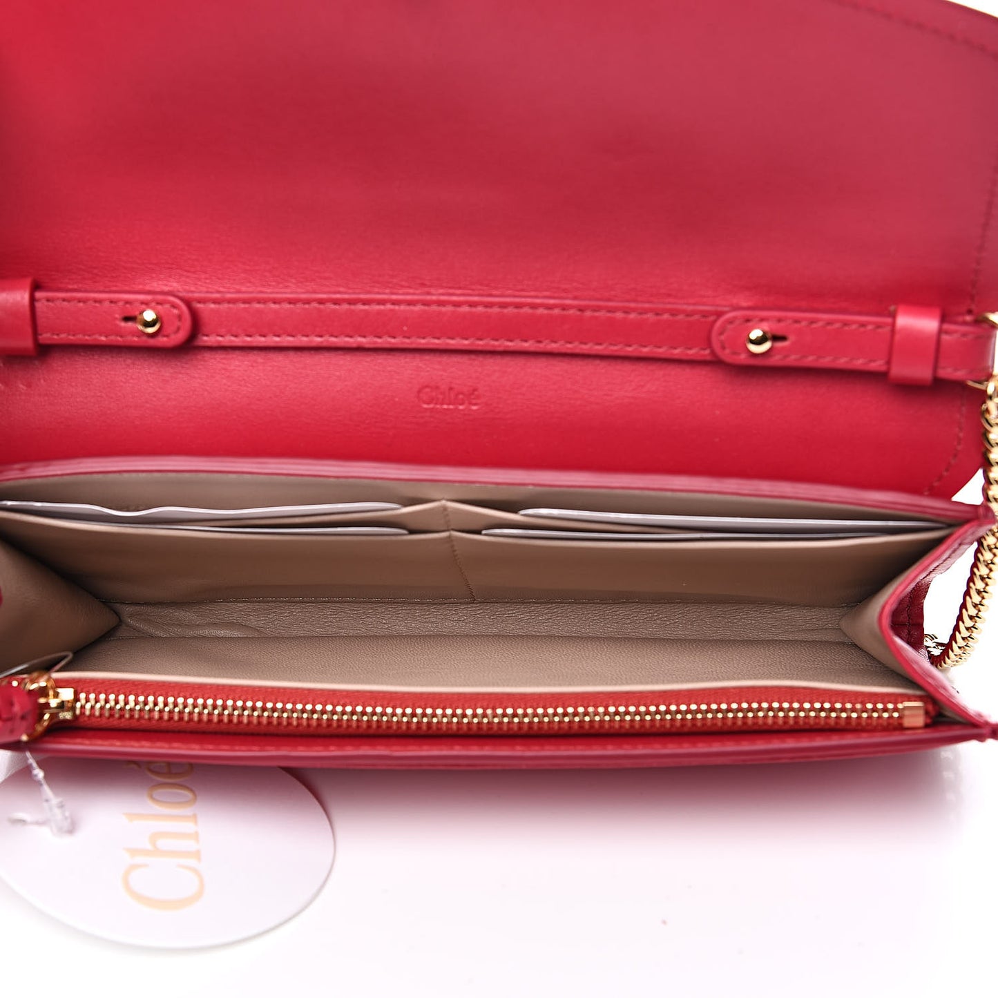 Shiny Grained Calfskin Aby Wallet on Chain Crimson Pink