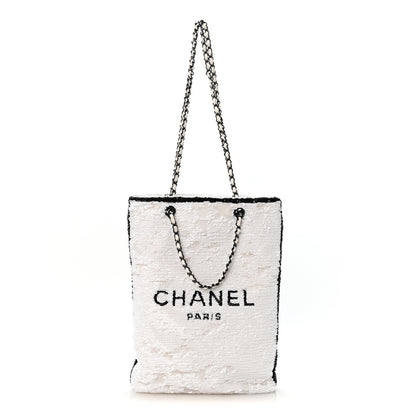Chanel Sequin Logo Shopping Tote White Black 1 of 11
