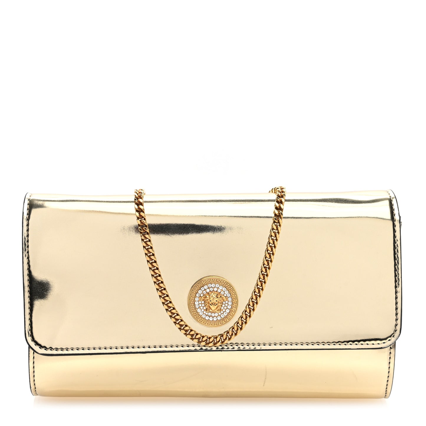 Metallic Calfskin Crystal Medusa Wallet On Chain Gold