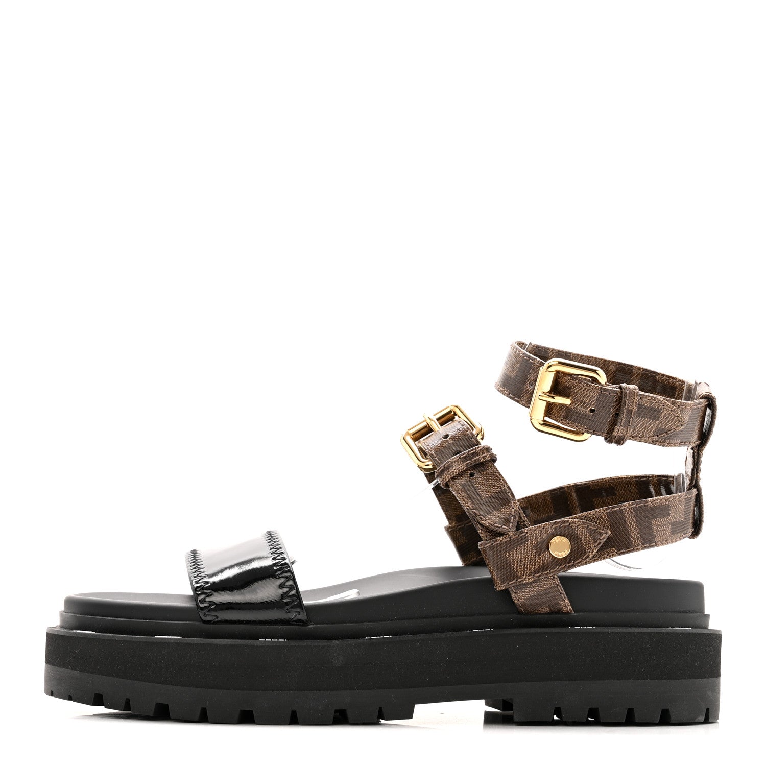 Fendi Vernice High-Tech Glazed Fabric FF Lug Sole Platform Sandals 39 Black Tobacco Moro 1 of 11