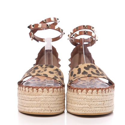 Valentino Garavani Canvas Leopard Print Rockstud Ankle Wrap Espadrille Flatform Sandals 35 Brown 2 of 9