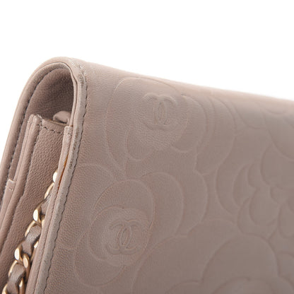 Chanel Lambskin Camellia Embossed Wallet on Chain WOC Beige 9 of 14