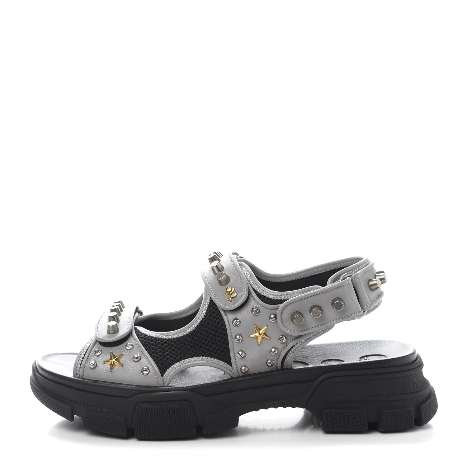 Gucci Technical Canvas Calfskin Reflective Studded Mens Aguru Sandals 12 Silver Black 1 of 8