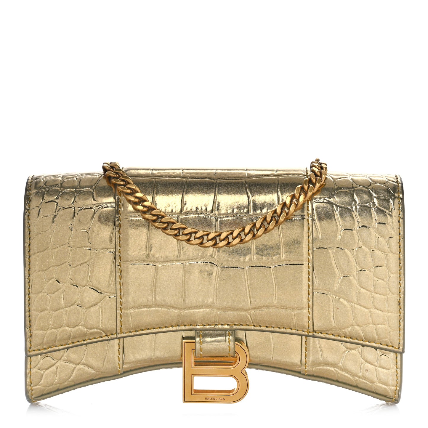 Metallic Calfskin Crocodile Embossed Hourglass Chain Bag Gold