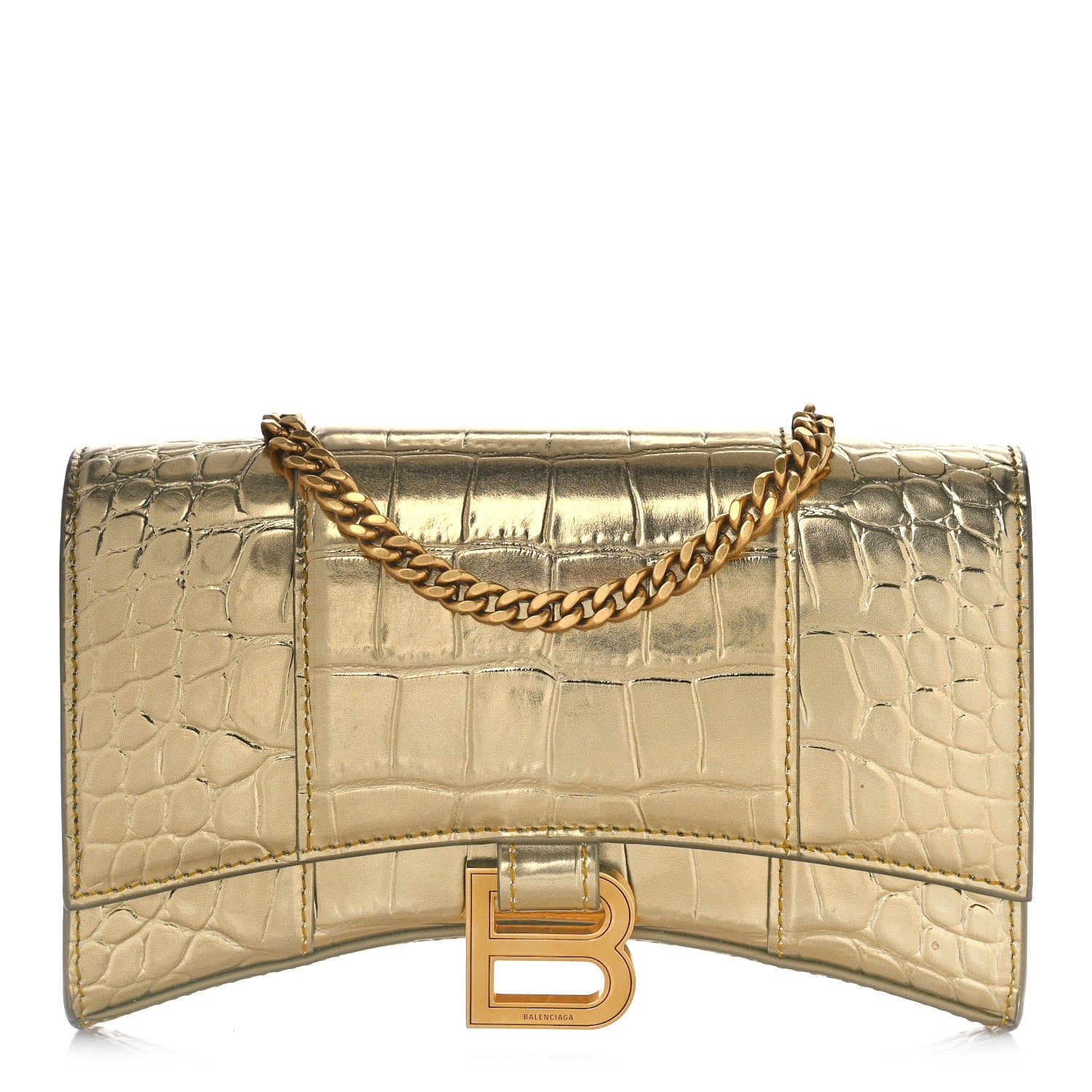 Balenciaga Metallic Calfskin Crocodile Embossed Hourglass Chain Bag Gold 1 of 8