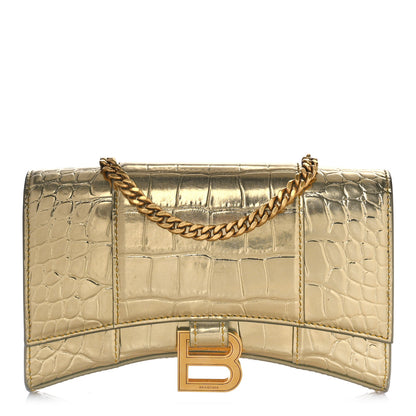 Balenciaga Metallic Calfskin Crocodile Embossed Hourglass Chain Bag Gold 1 of 8