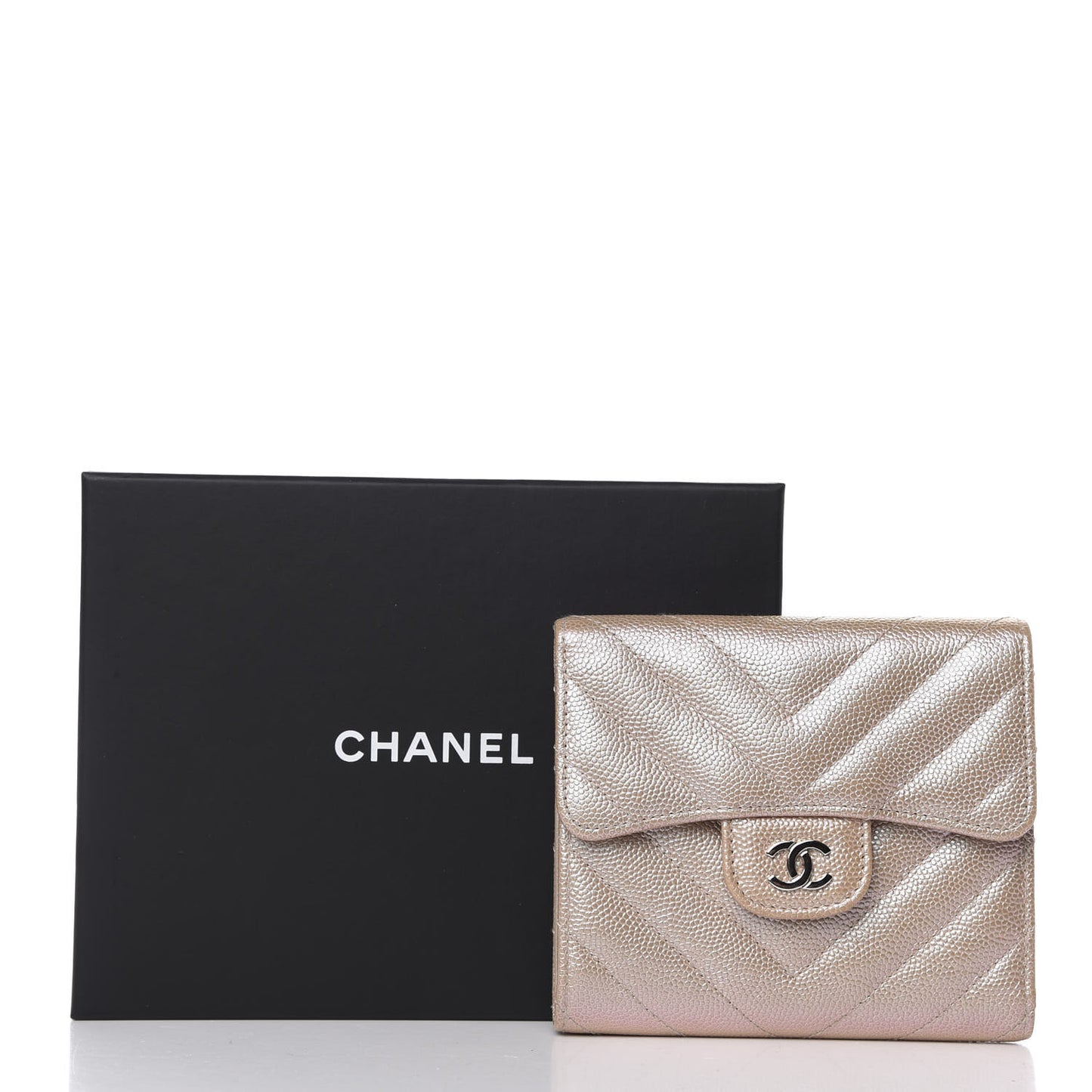 Metallic Caviar Chevron Quilted Compact Flap Wallet Light Gold