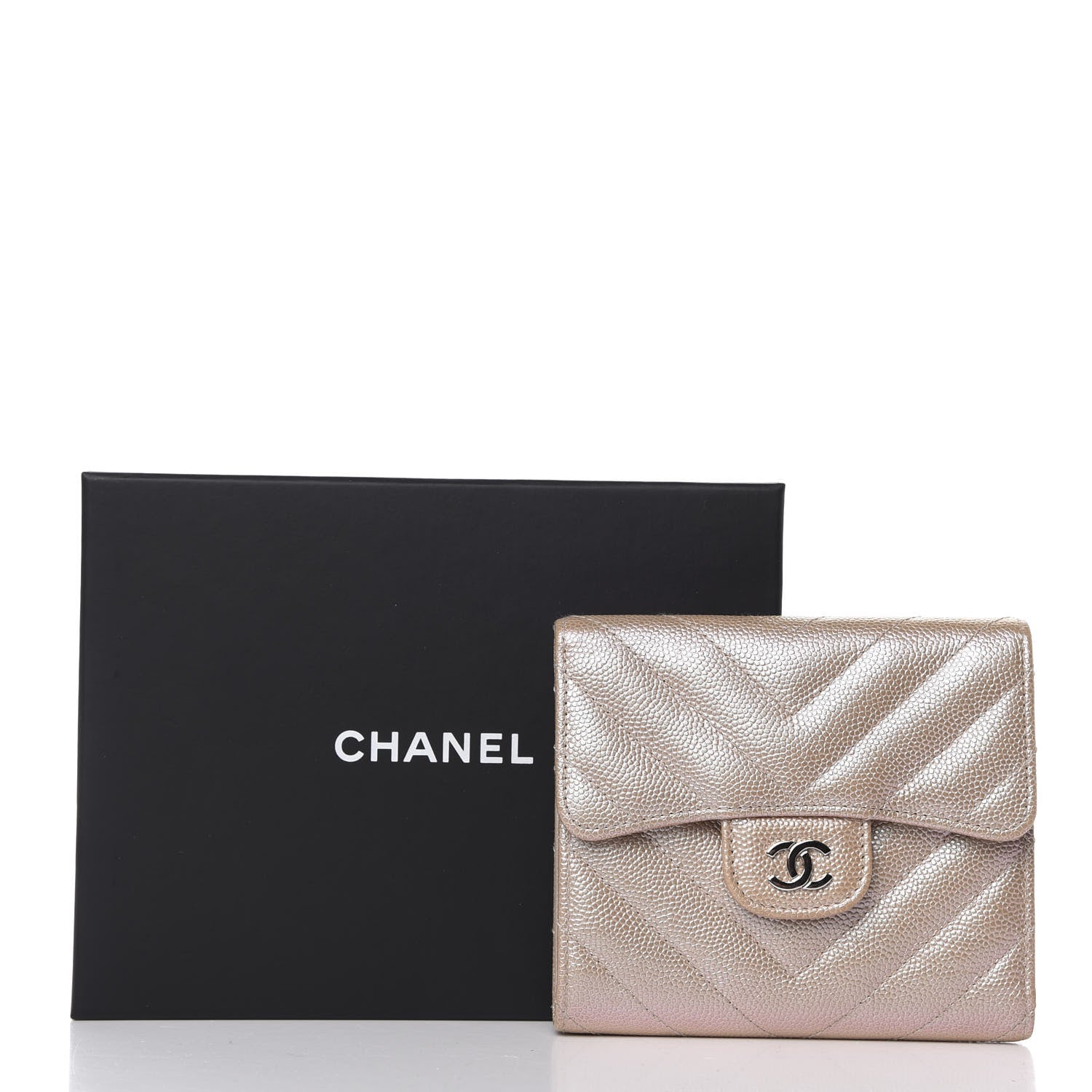 Chanel Metallic Caviar Chevron Quilted Compact Flap Wallet Light Gold 8 of 8