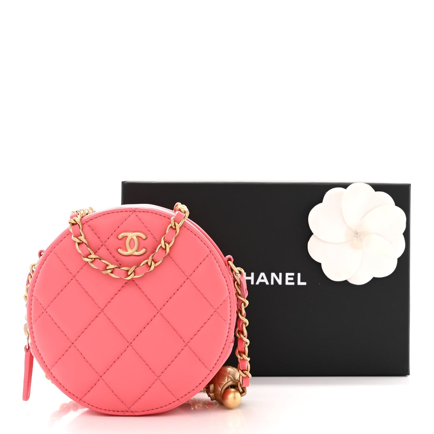 Lambskin Quilted Round Pearl Crush Clutch With Chain Pink
