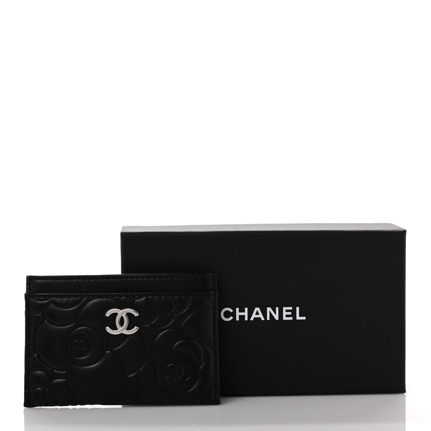 Lambskin Camellia Embossed Card Holder Black