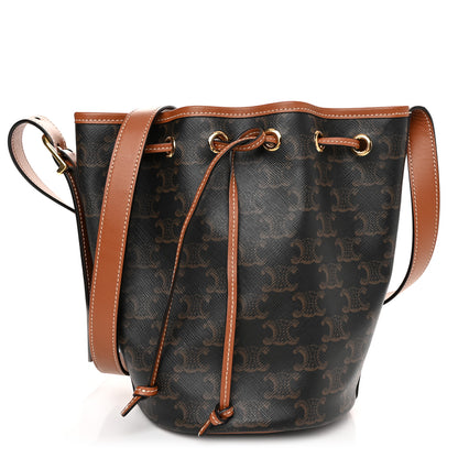 Celine Triomphe Canvas Calfskin Small Drawstring Bucket Bag Tan 1 of 11