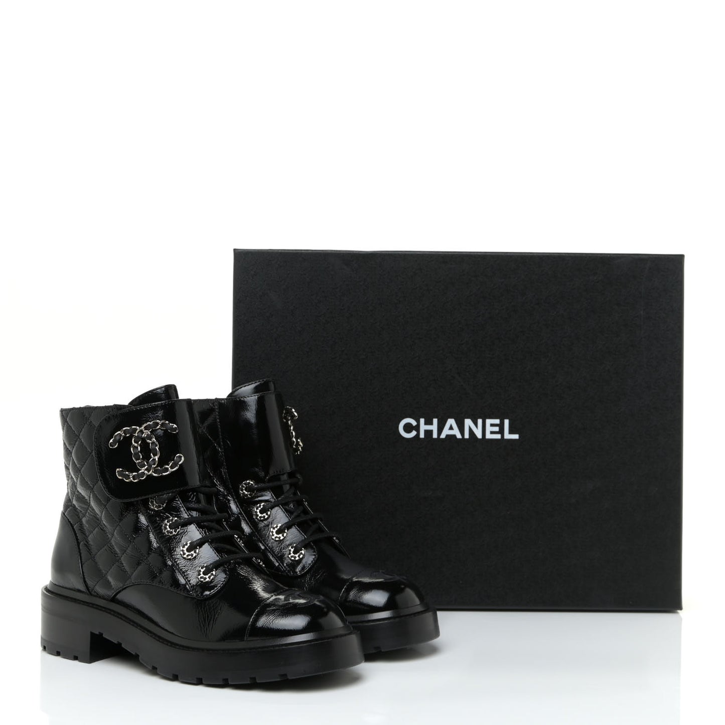 Shiny Calfskin Quilted Lace Up Combat Boots 37.5 Black