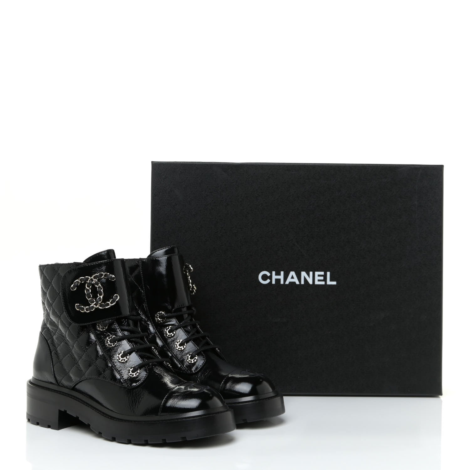 Chanel Shiny Calfskin Quilted Lace Up Combat Boots 37.5 Black 15 of 15