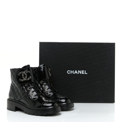 Chanel Shiny Calfskin Quilted Lace Up Combat Boots 37.5 Black 15 of 15