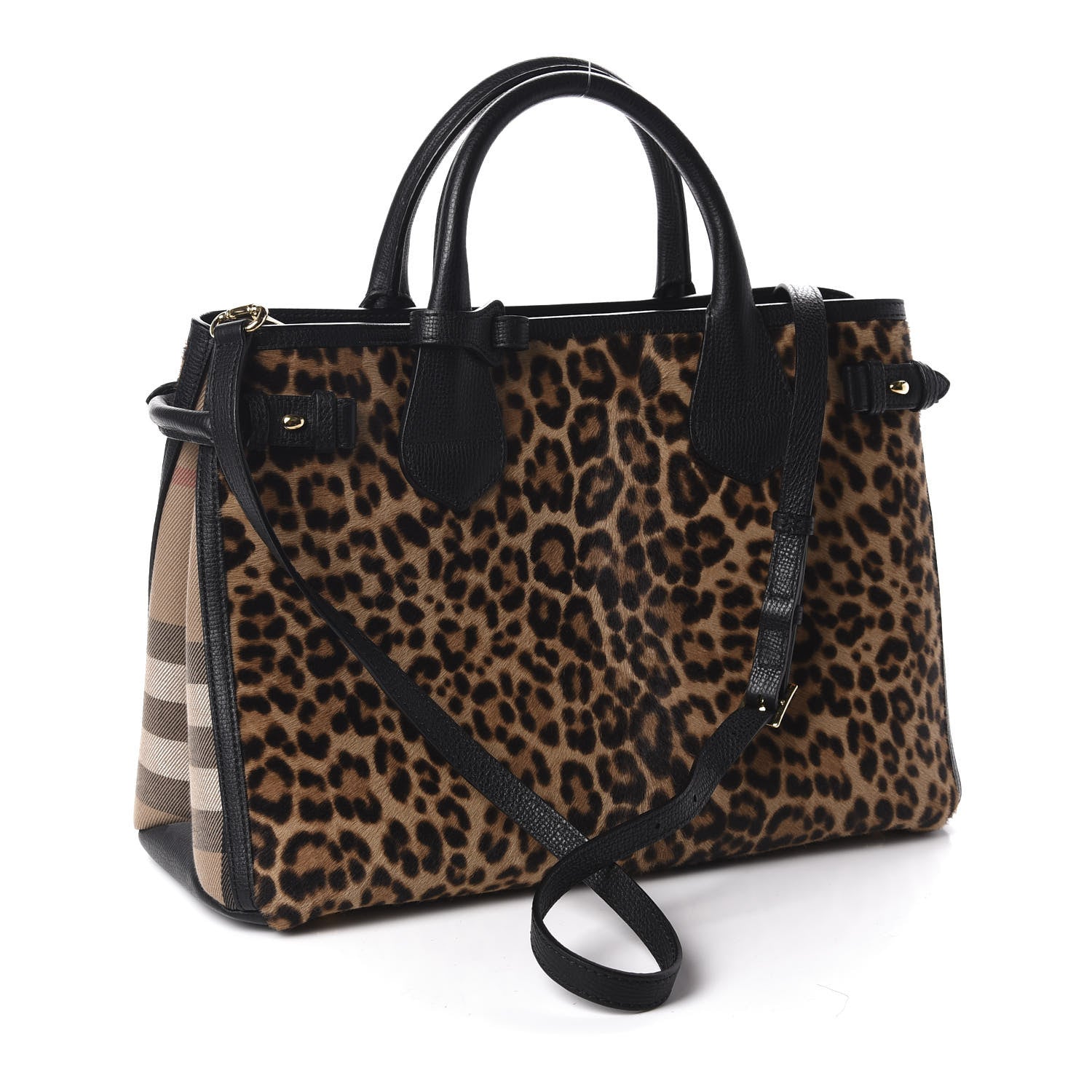 Burberry Calf Hair Leopard Print House Check Medium Banner Tote Black 3 of 13