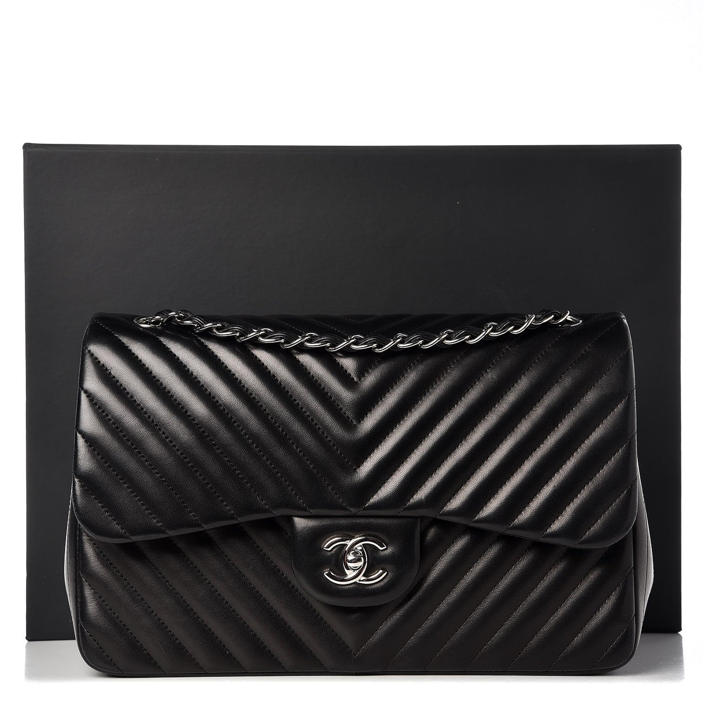 Lambskin Chevron Quilted Jumbo Double Flap Black