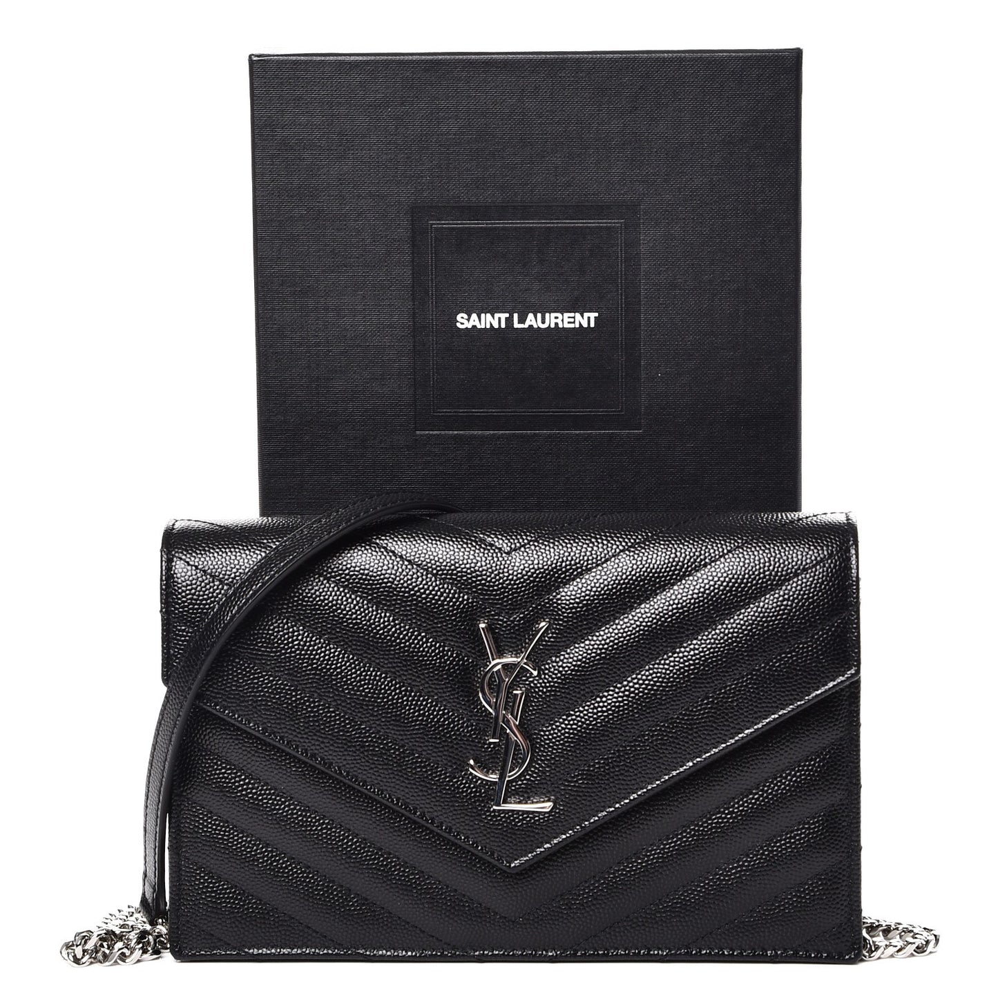 Grain De Poudre Matelasse Chevron Monogram Envelope Chain Wallet Black
