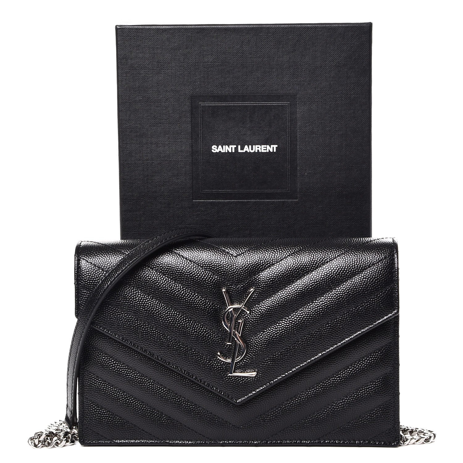 Saint Laurent Grain De Poudre Matelasse Chevron Monogram Envelope Chain Wallet Black 9 of 9