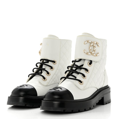 Chanel Shiny Goatskin Calfskin Quilted Lace Up Combat Boots 36 White Black 3 of 8