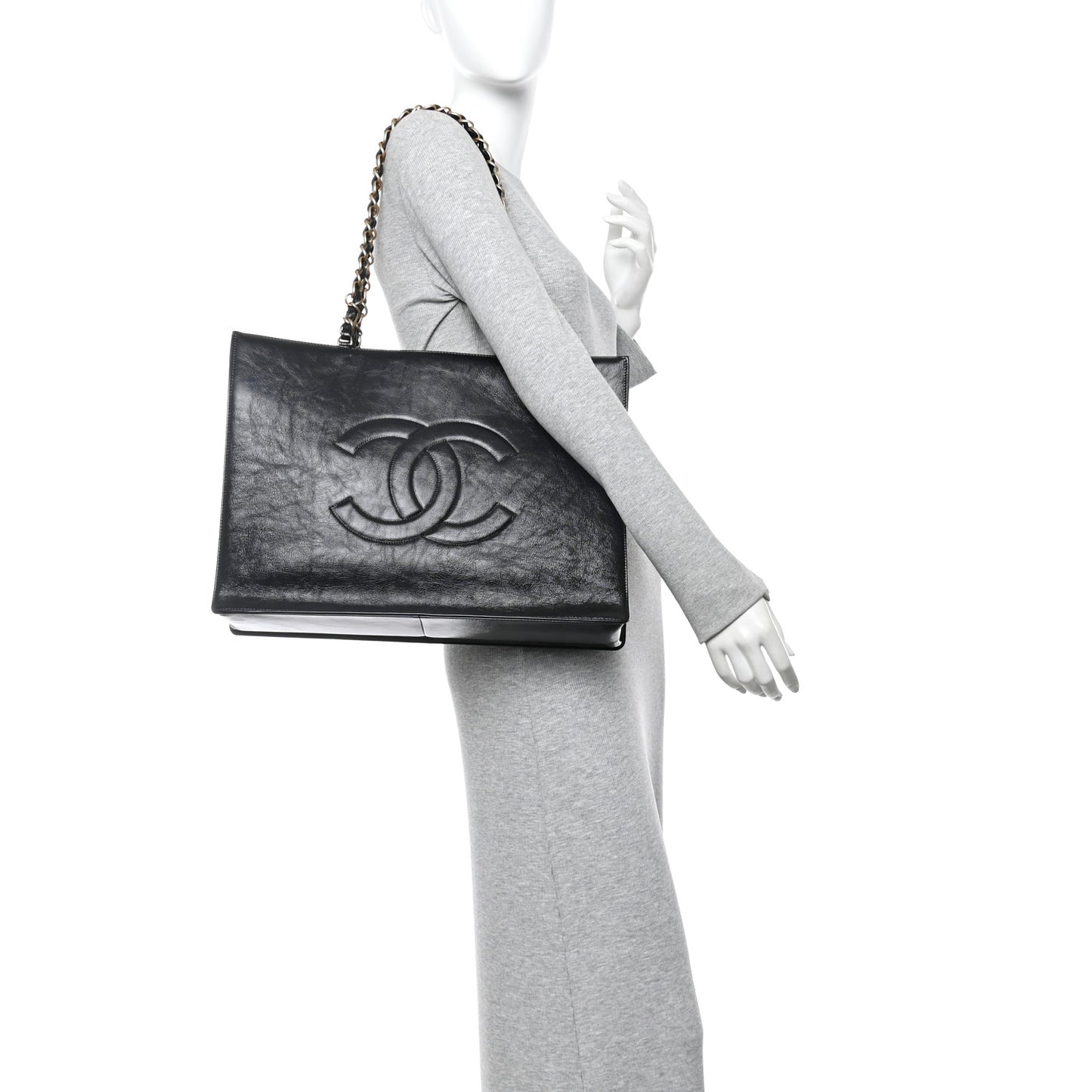 Shiny Aged Calfskin Shopping Bag Black