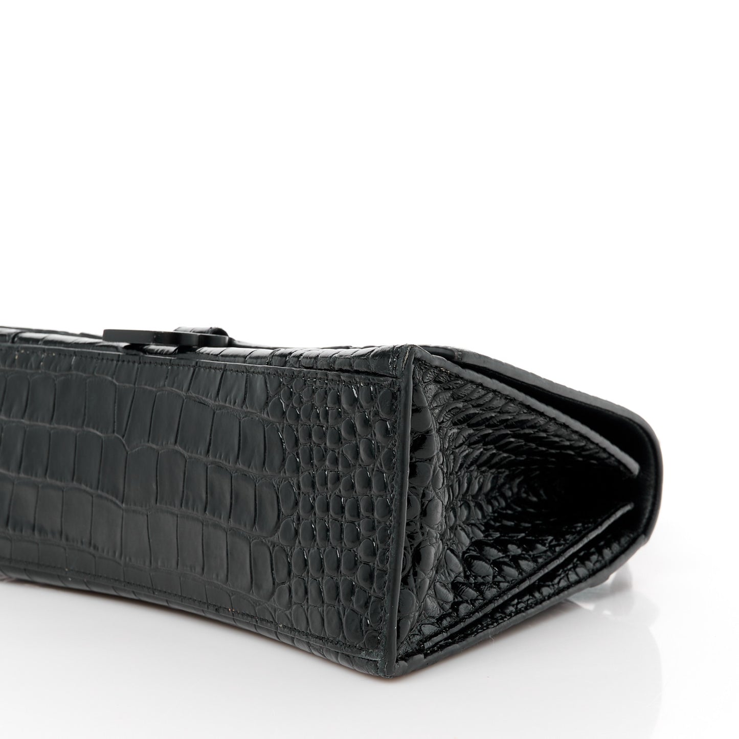 Shiny Calfskin Monochrome Crocodile Embossed Medium Hourglass Top Handle Bag Black