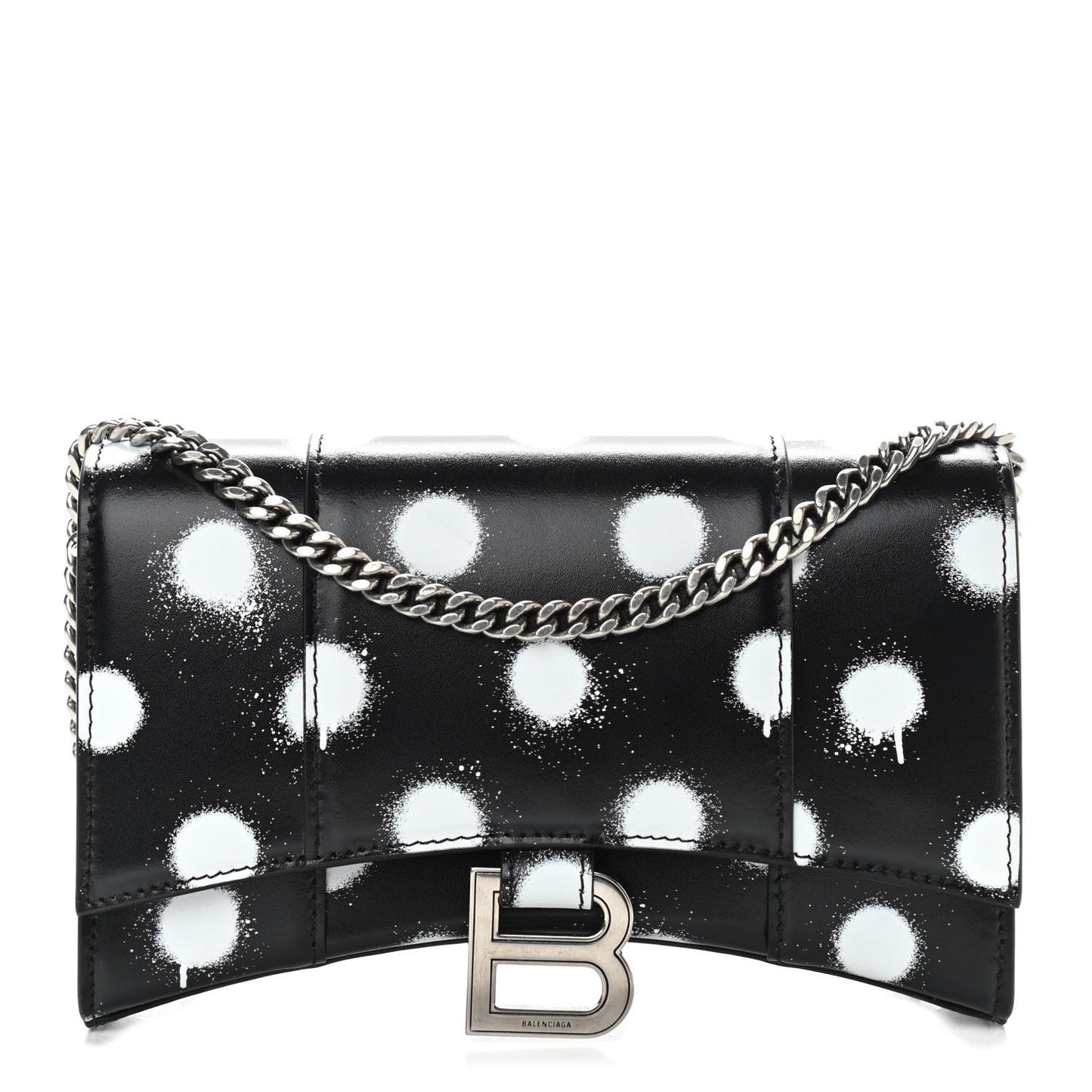 Shiny Box Calfskin Polka Dot Hourglass Chain Bag Black White