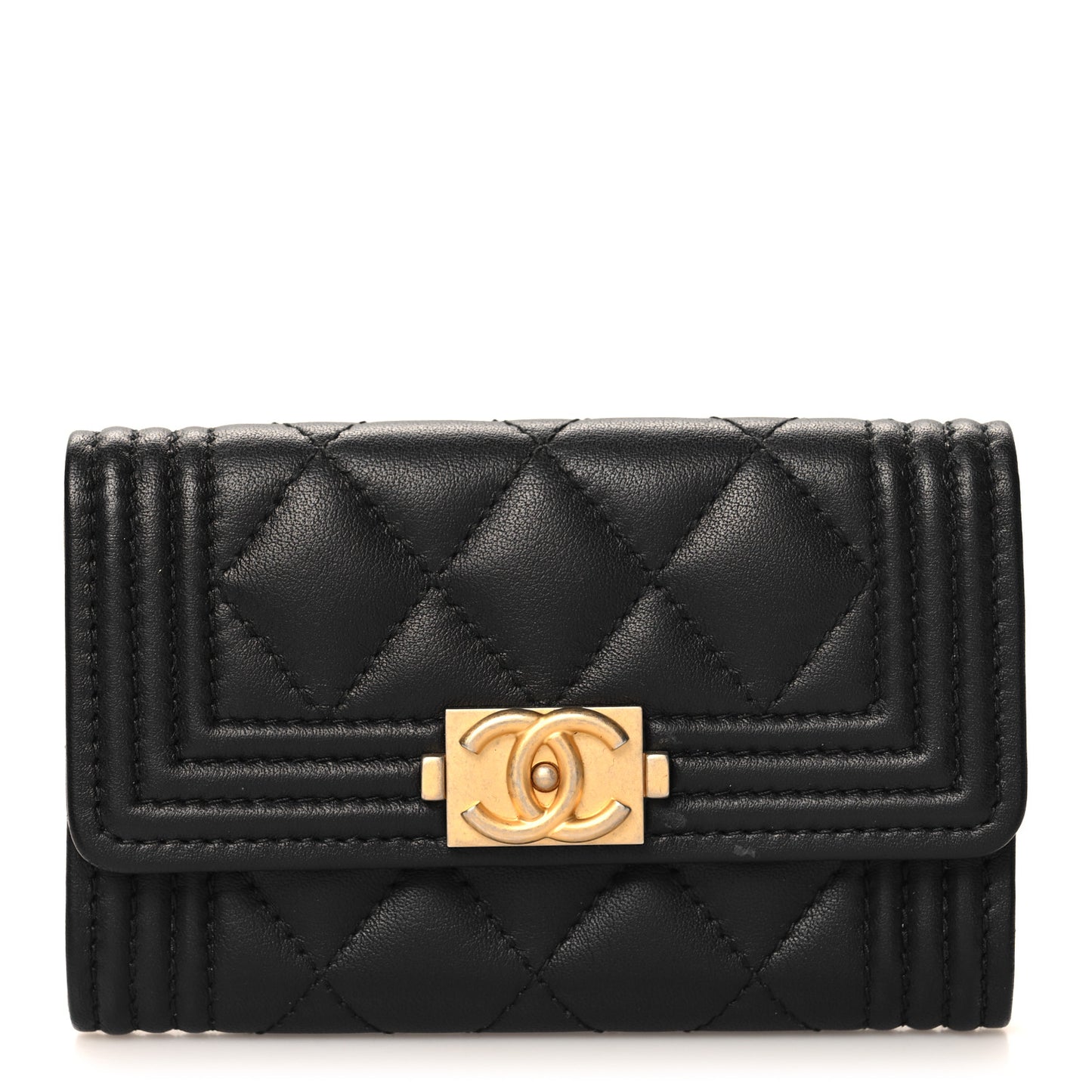 Lambskin Quilted Boy Flap Card Holder Black