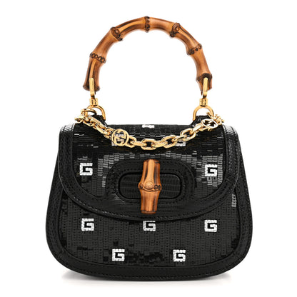 Gucci Sequin Lizard Embossed GG Mini Bamboo 1947 Top Handle Chain Bag Black White 1 of 11