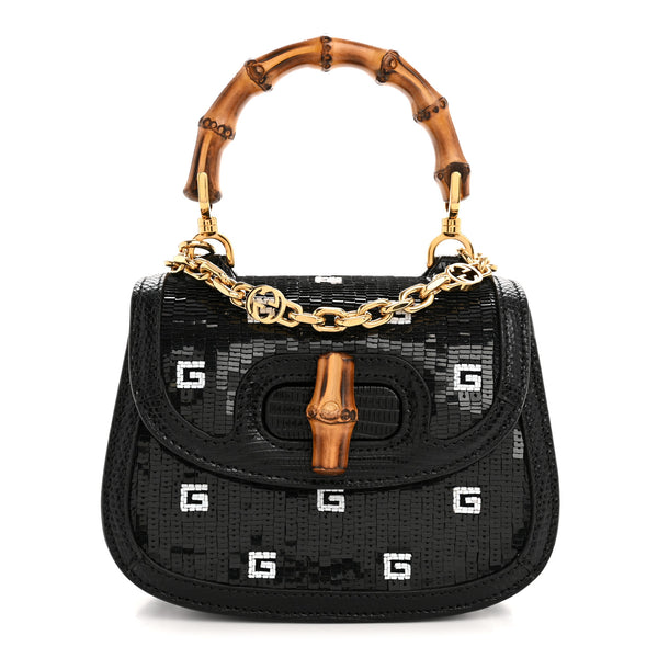 Gucci Sequin Lizard Embossed GG Mini Bamboo 1947 Top Handle Chain