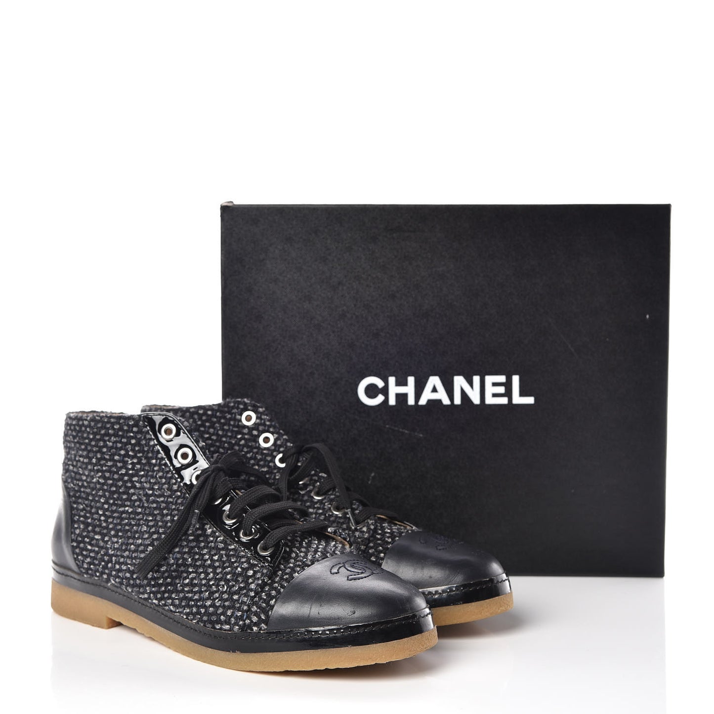 Tweed Calfskin Patent CC Lace Up Short Boots 41 Black Grey Dark Navy