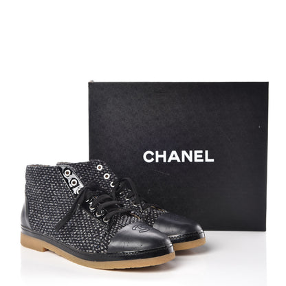 Chanel Tweed Calfskin Patent CC Lace Up Short Boots 41 Black Grey Dark Navy 17 of 17