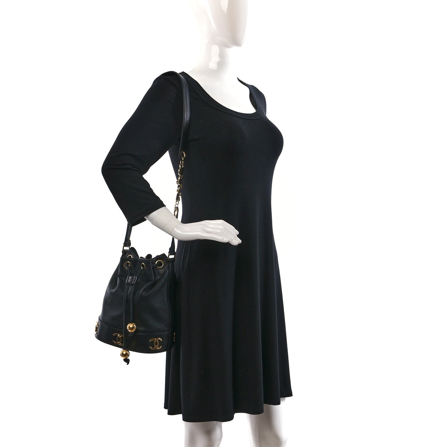 Lambskin CC Drawstring Shoulder Bag Black