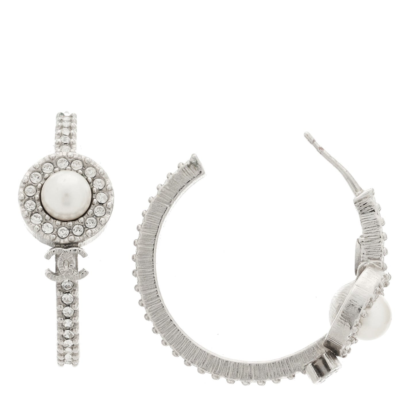Crystal Pearl CC Hoop Earrings Silver