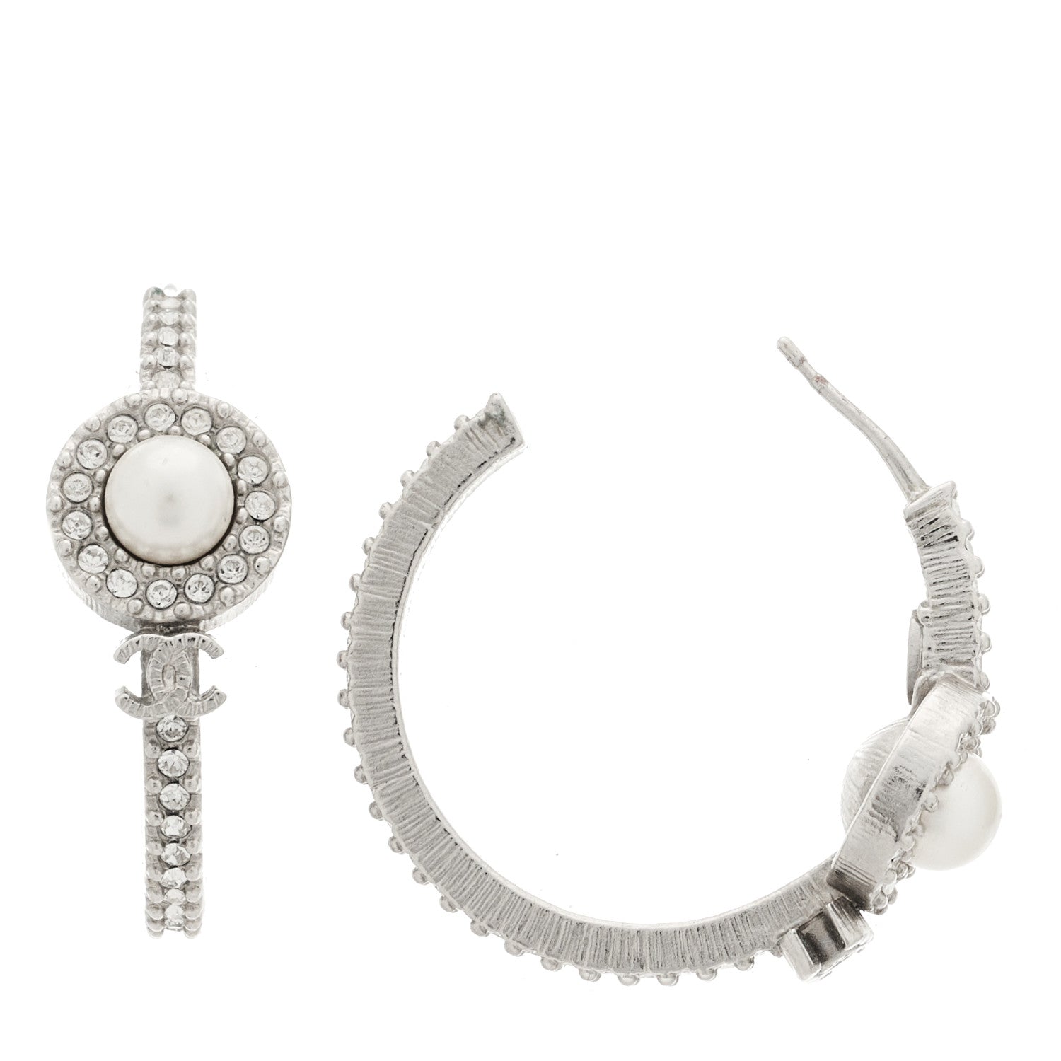 Chanel Crystal Pearl CC Hoop Earrings Silver 1 of 5