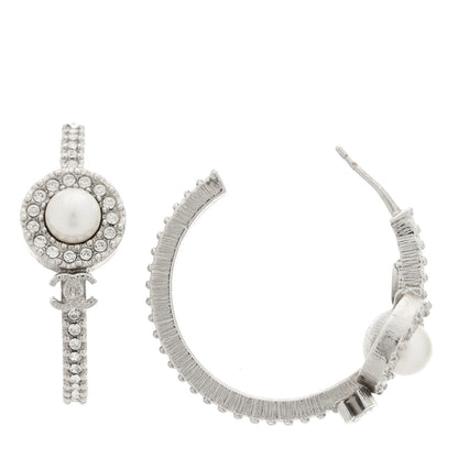 Chanel Crystal Pearl CC Hoop Earrings Silver 1 of 5