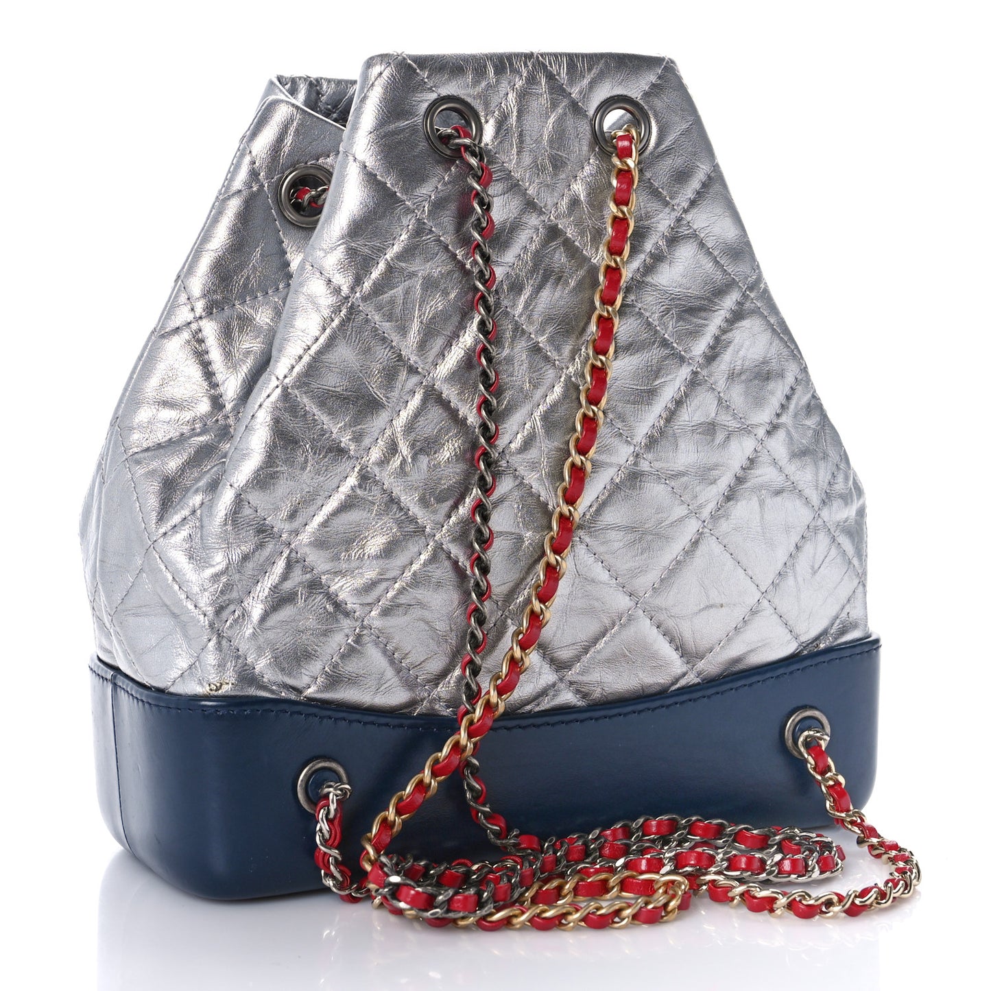 Metallic Aged Calfskin Quilted Small Gabrielle Backpack Silver Navy Red