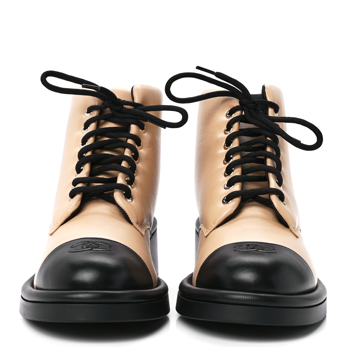 Lambskin Lace Up Combat Boots 39.5 Beige Black