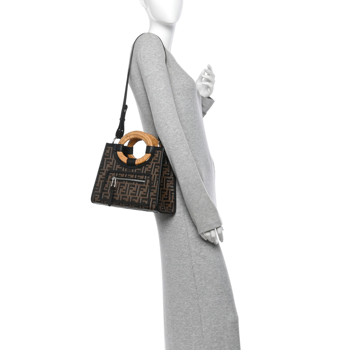 Fendi Vitello Century Wicker Bi-Color FF 1974 Embossed Small Runaway Shopper Tote Maya Black 2 of 10