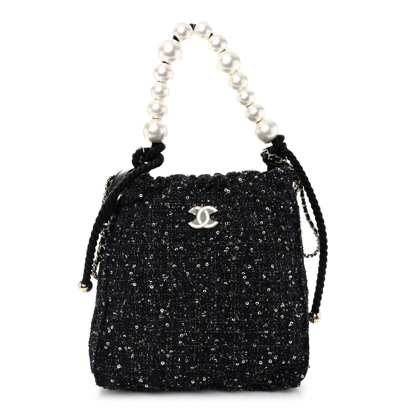 Tweed Pearl Handle Drawstring Bag Black Ecru