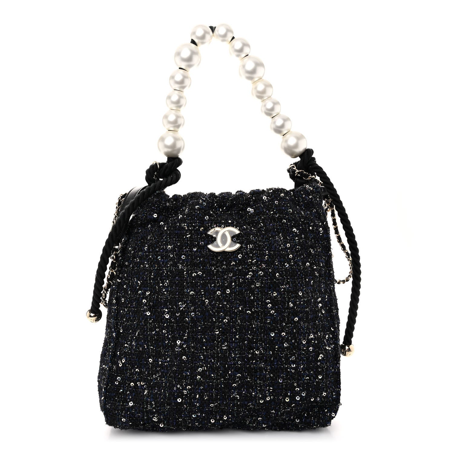 Chanel Tweed Pearl Handle Drawstring Bag Black Ecru 1 of 10