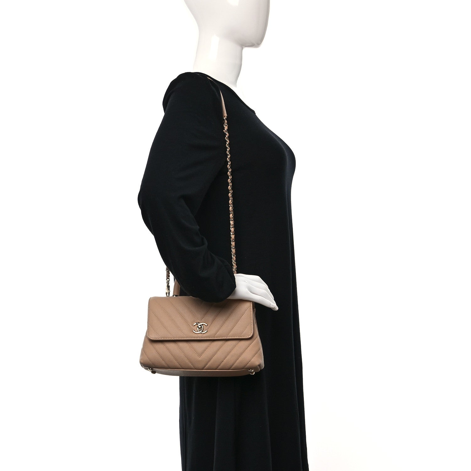 Chanel Caviar Chevron Quilted Mini Coco Handle Flap Beige 2 of 11