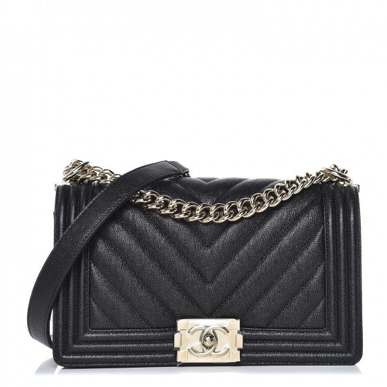 Caviar Chevron Quilted Medium Boy Flap Black